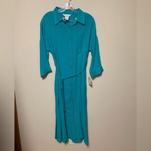 La Blanca swim coverup - teal button up shirt dress, midi length, 3/4 sleeves
